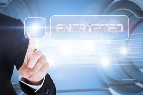 Businesswomans finger touching Encrypted button Illustrazione stock