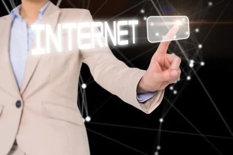 Businesswomans finger touching internet button Ilustração Stock