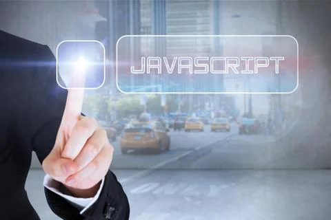 Businesswomans finger touching Javascript button Stock-Illustration