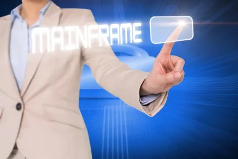 Businesswomans finger touching mainframe button Ilustração Stock