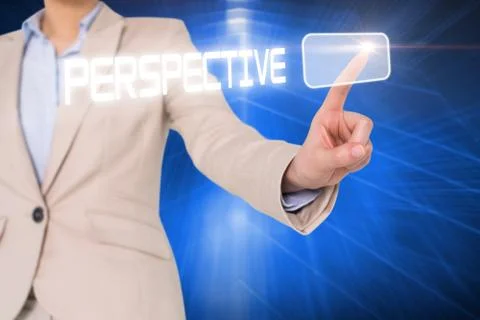 Businesswomans finger touching perspective button Stock Illustration