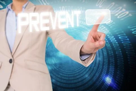Businesswomans finger touching prevent button 스톡 일러스트