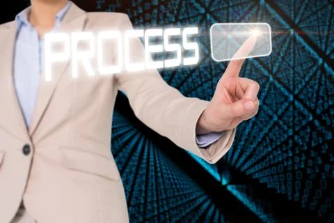 Businesswomans finger touching process button Stockillustratie