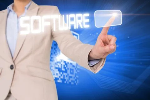 Businesswomans finger touching software button Stock Illustration