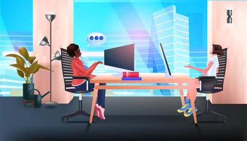 Businesswomen using computers at workplace chat bubble communication teamwork Stock Illustration