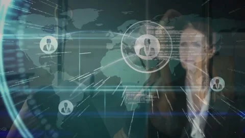 Businesswomen using tech interface in office, displaying holographic world map Stock Footage 327202866