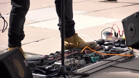 Busker on Streets of Bath, UK, with large pedal array Stock Footage 83380341