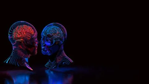 The Bust and Brain for sci or Technology concept 3d Rendering. 스톡 일러스트