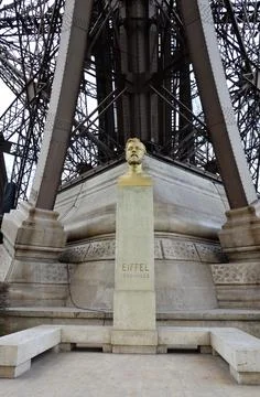 Bust of Gustave Eiffel at the base of the Eiffel Tower, Paris Stock Photos