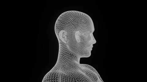 A bust of human - head and shoulders - man or woman in 3D wire-frame is turning Stock Footage 246782846