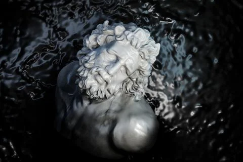 Bust of Laocoon drowning in black liquid in contrast lighting, art sculpture, Stock Illustration