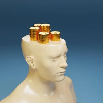 Bust of a man with flat head full bitcoins. 3d illustration. 스톡 사진