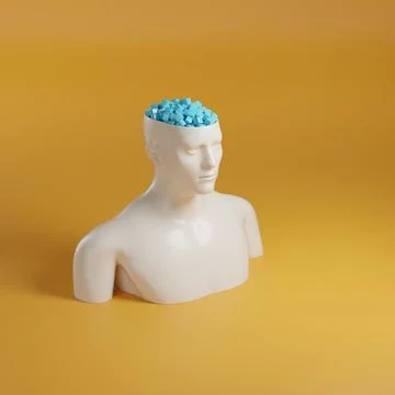 Bust of a man with his head open and full of cubes on yellow background. 3d.. Stock Photos