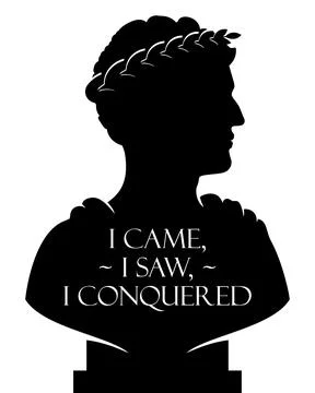 Bust statue of Caesar with I Came, I Saw, I Conquered phrase. Silhouette vector Stock Illustration