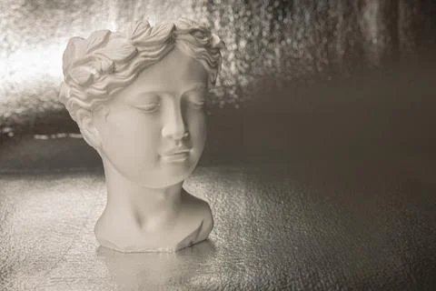 Bust of a statue of a woman's face on a silver colored background Stock Photos