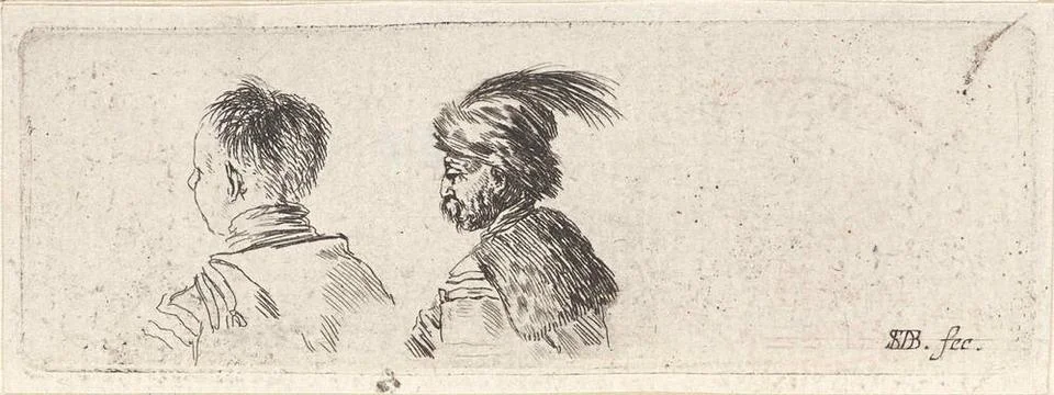 Bustes of two men, seen on the back; Collection of different scribbles and... Stock Photos