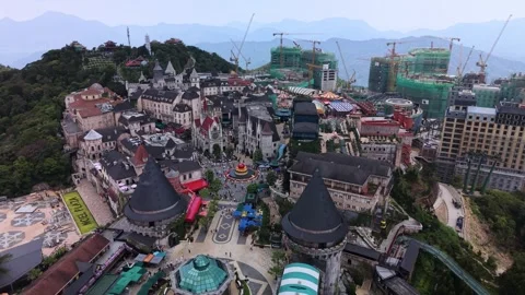 Bustling Aerial Drone View of Ba Na Hills SunWorld Complex in Vietnam Stock Footage 339227797