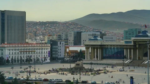 The bustling city square of Ulaanbaatar, Mongolia in sunset timelapse Stock Footage 124997577