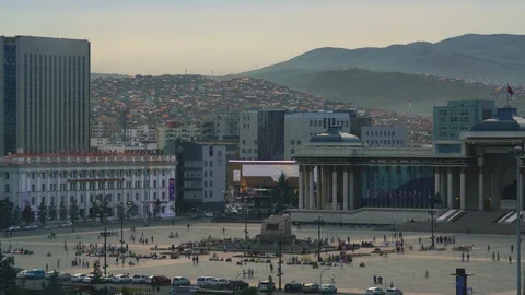 The bustling city square of Ulaanbaatar, Mongolia in sunset timelapse Stock Footage 124997593