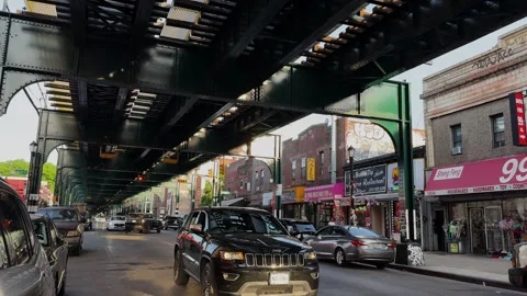Bustling Commercial Street Under Elevated Train, Bushwick Sunset Stock Footage 337430304