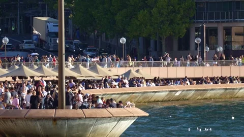 A bustling crowd of people enjoys drinks and dining at the sunlit outdoor Stock Footage 345858875