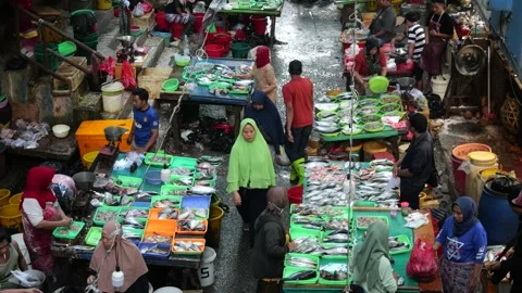 Bustling Overnight Fish Trading Activity at Traditional Market Before Dawn 動画素材 340254319