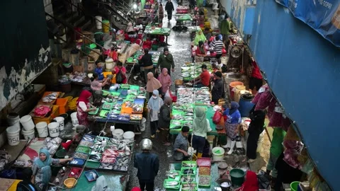 Bustling Overnight Fish Trading Activity at Traditional Market Before Dawn Stock Footage 340254975