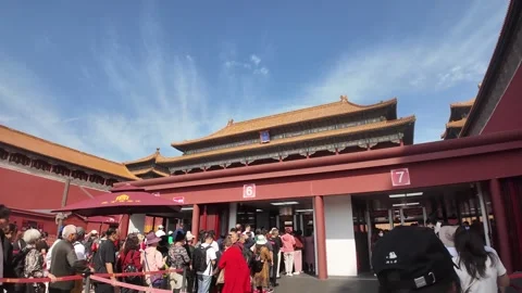 A bustling scene at the Forbidden City in Beijing with people lined up outside a Stock Footage 337307162