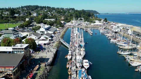 Bustling small town harbor front full of yachts Video stock 262798329