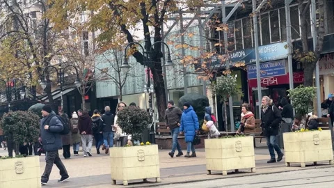 Bustling Sofia City Center Market Tourists And Shoppers Cold Winter Day Stock Footage 323923564