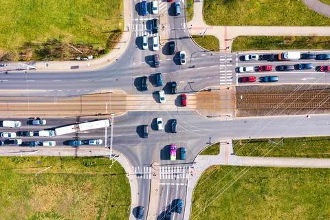 Bustling urban intersection in Prague, Czech Republic with busy traffic. Bu.. Stock Photos