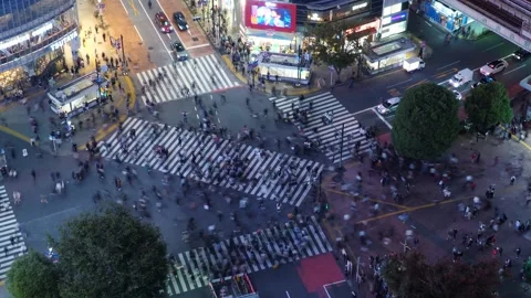 Bustling urban intersection in Tokyo, timelapse at night with zoom-in animation Video stock 218311751