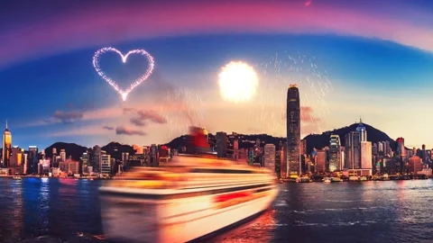 A bustling urban skyline at dusk, featuring a large modern cruise ship moving Stock Footage 344106023