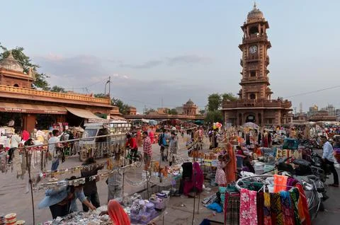 Busy and congested view of famous Sardar Market and Ghanta ghar Clock tower i Stock Photos