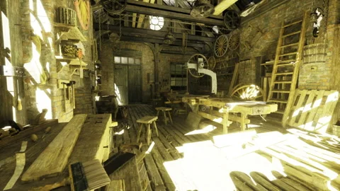 Busy artisan sanctuary. Light illuminates cluttered workshop scene Stock-Footage 341562580