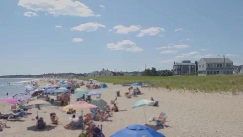 Busy Beach Day Crowds Pan - Old Orchard Beach, Maine Stock Footage 119335135