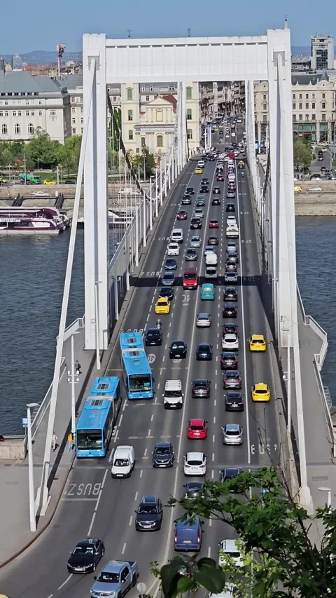 Busy bridge with vehicles in Budapest Stock Footage 343943378