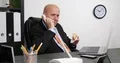 Busy Businessman in Company Office Room Talk Using Landline Eat Tasty Sandwich 4k or 4k+ Resolution