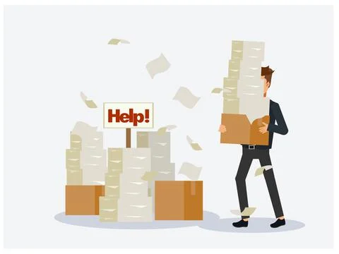 Busy businessman with stack of documents,Pile of paper, in cardboard box, hel 스톡 일러스트