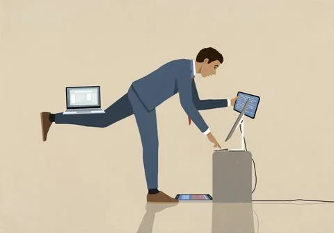 Busy businessman working, balancing multiple tech device screens Stock Illustration