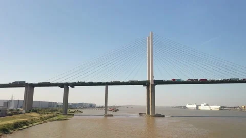 Busy cable-stayed road bridge over river Stock-Footage 161143290