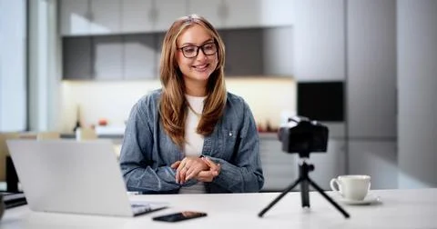 Busy Chef Filming Cooking Tutorial In Modern Hotel Kitchen Stock Photos