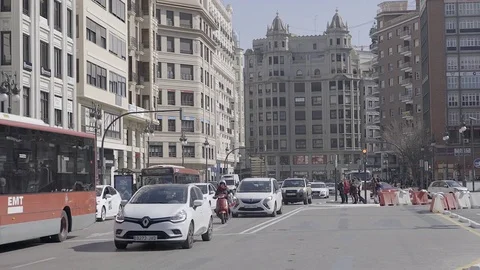 Busy City Intersection in Downtown Valencia Spain Stock Footage 73310313