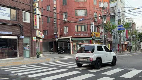 Busy City Intersection Traffic And Commercial Buildings With Crosswalk Video stock 347713373