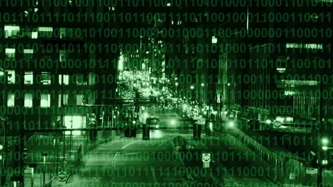Busy city at night with matrix computer code scrolling Stock Footage 101497161