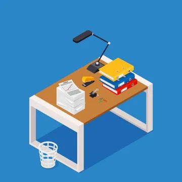 Busy cluttered office table. Hard work. Office interior with books, folders,  Illustrazione stock