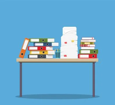 Busy cluttered office table. Illustrazione stock