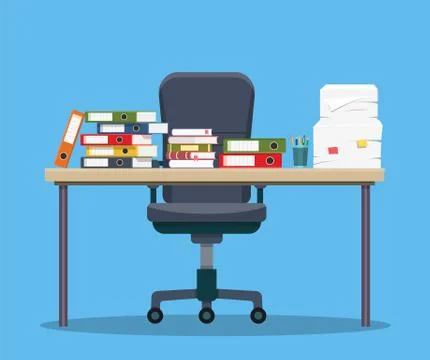 Busy cluttered office table. Illustrazione stock