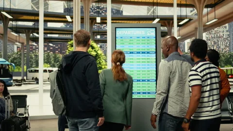 Busy coach station hall with multicultural people waiting for long-haul bus Stock Footage 334720744
