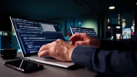 Busy Coder Working On Multiple Laptops Stock Footage 317397850